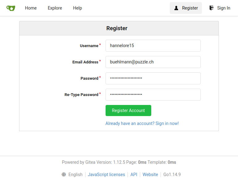 Register new User in Gitea